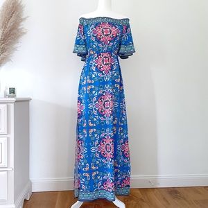 Tropical blue ethnic off the shoulder maxi dress M